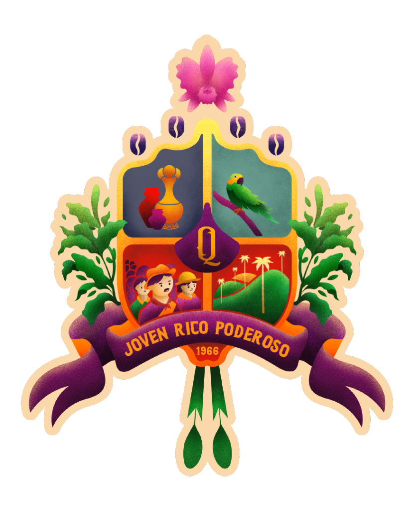 escudo del departamento del Quindío que incluye el poporo Quimbaya, el loro orejiamarillo, los campesinos del eje cafetero, la palma de cera, las montañas, el café, la cola del barranquero y las orquideas