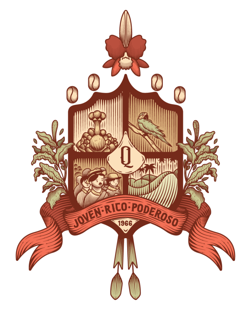 escudo del departamento del Quindío que incluye el poporo Quimbaya, el loro orejiamarillo, los campesinos del eje cafetero, la palma de cera, las montañas, el café, la cola del barranquero y las orquideas